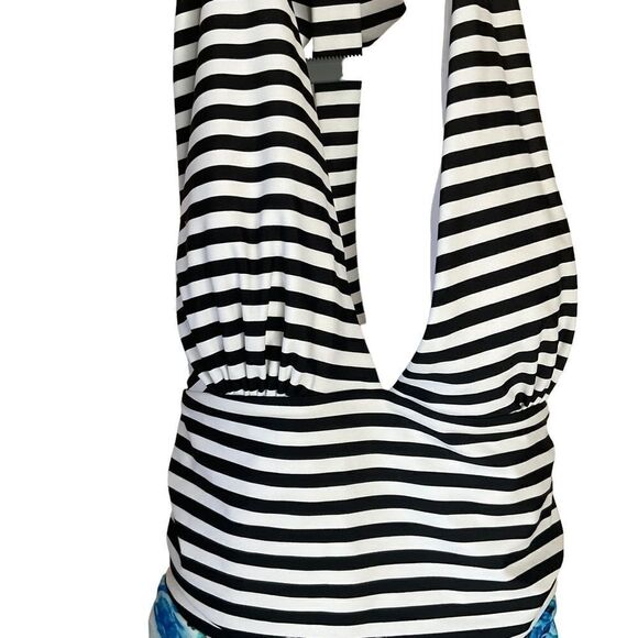 CUPSHE One-Piece Swim Suit Floral Stripes Deep V Halter Style Open Back Size L - Picture 2 of 14